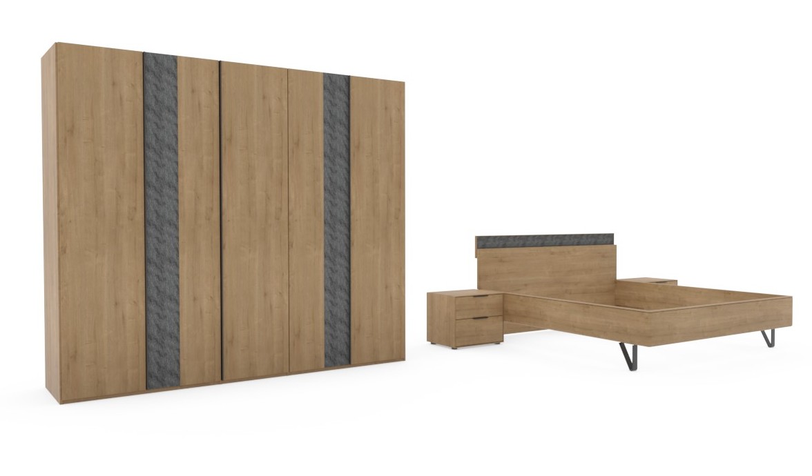 brauner Schrank mit zwei grauen Streifen und Bett mit zwei Konsolen vor weißem Hintergrund