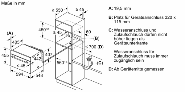 Technische Zeichnung eines Einbau-Geschirrspülers mit detaillierten Maßen in Millimetern für optimale Installation.