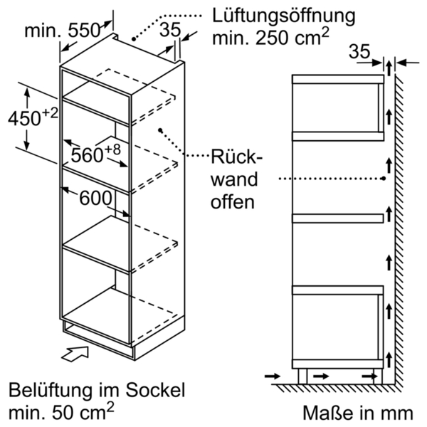 Technische Zeichnung eines Einbauschranks mit Lüftungsöffnungen, offenen Rückwand und Maßangaben in Millimetern.