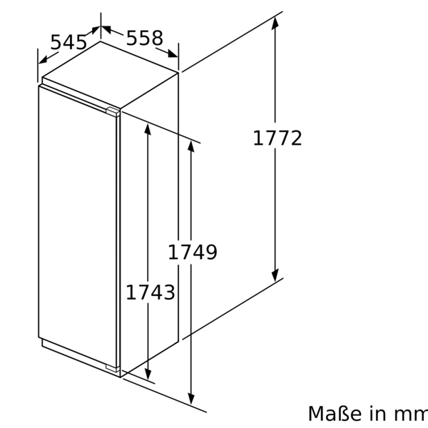 Technische Zeichnung eines Geräts, vermutlich ein Kühlschrank oder Gefrierschrank, mit den Maßen 1772 mm Höhe, 558 mm Breite und weiteren Bemaßungen, dargestellt in Millimetern