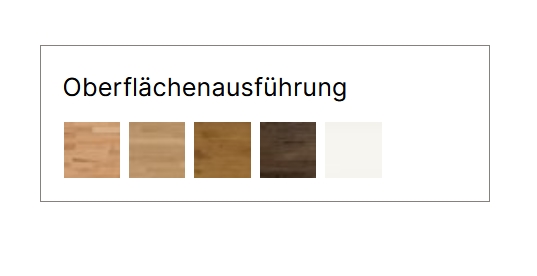 Oberflächenausführungen von fünf Holzfarben in tabellenform vor weißem hintergrund