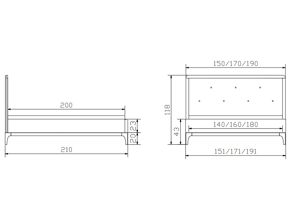 Eine technische Zeichnung des Bettes Silento, die die verfügbaren Breiten 140, 160 und 180 cm sowie die Gesamtmaße von 200 cm Länge und 118 cm Gesamthöhe darstellt.