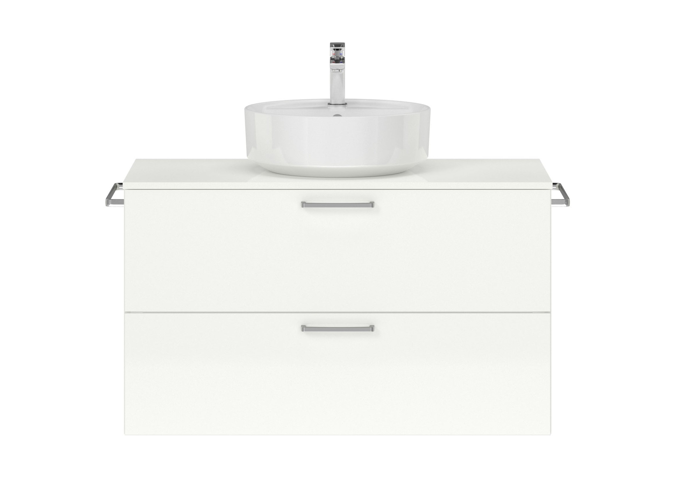 Badschrank weiß mit zwei Schubladen mit rundem Aufsatzwaschbecken Handtuchhaltern und Armatur nobilia