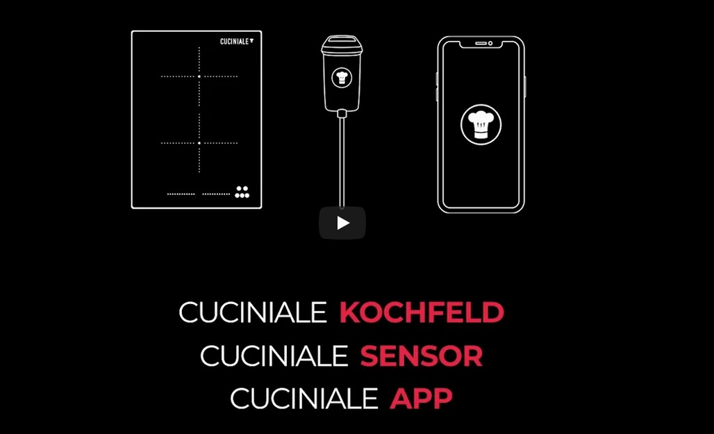Illustration der Cuciniale Produktreihe: Kochfeld, Sensor und App