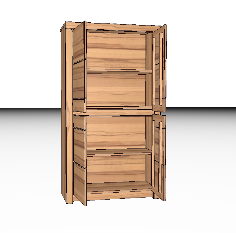 Ein geöffneter hölzerner Küchenschrank mit zwei Ebenen und Regalfächern