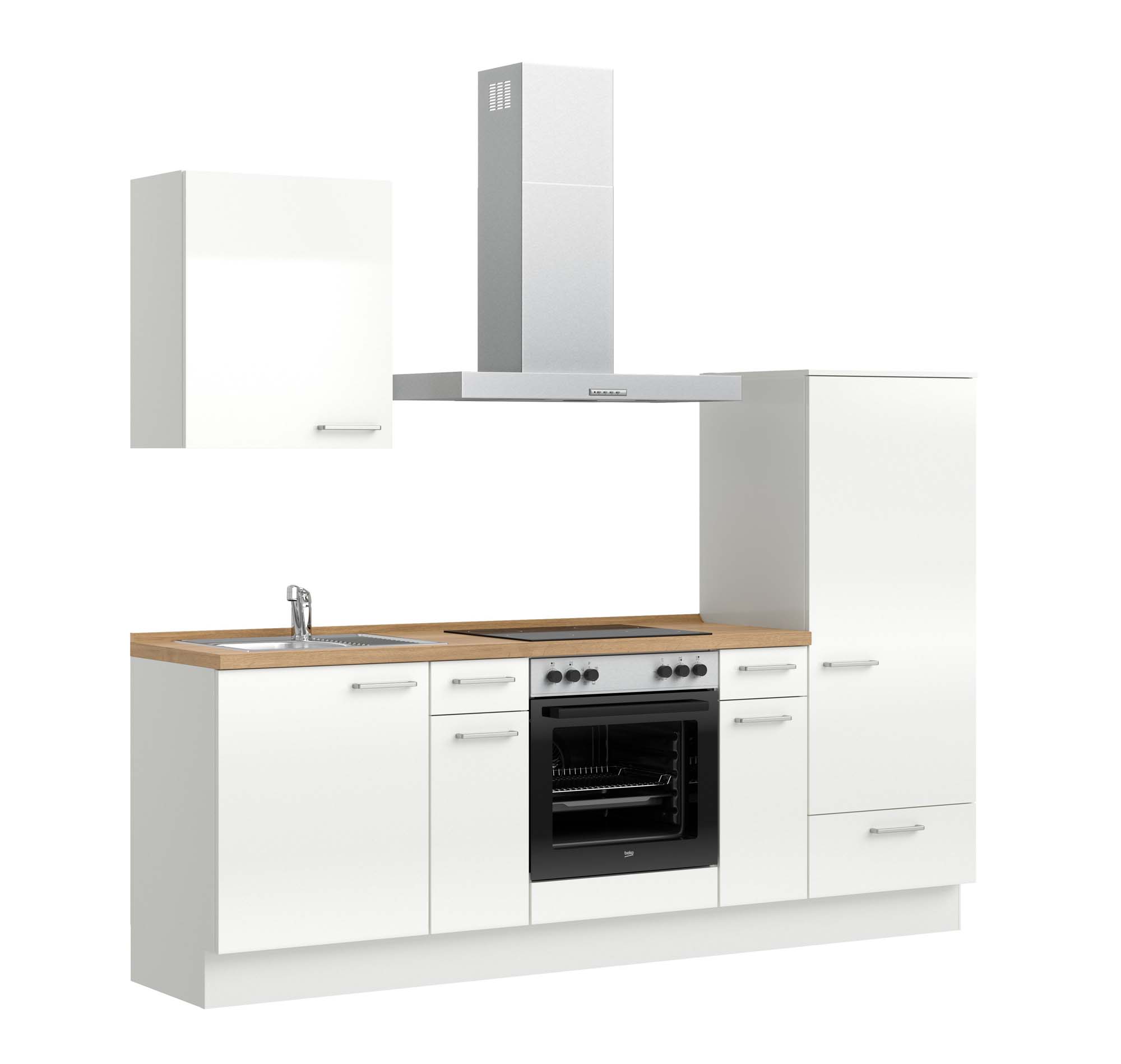 küchenzeile weiß, braun mit Backofen, Herd, Dunstabzugshaube, Waschbecken, Armatur nobilia flash 