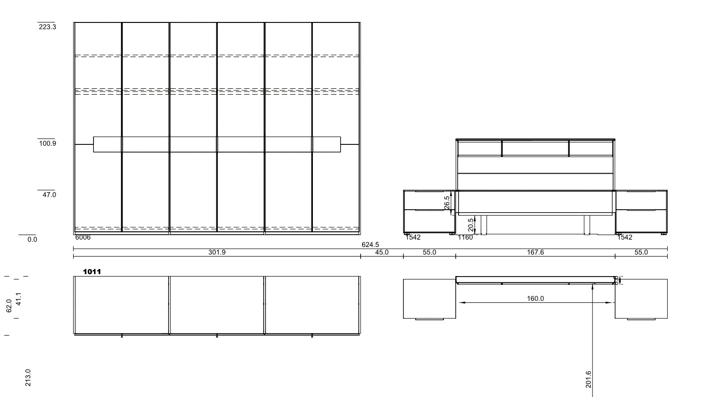 Maßzeichnung eines sechstürigen Schrankes und einem Bett mit Nachtschränken vor weißem Hintergrund