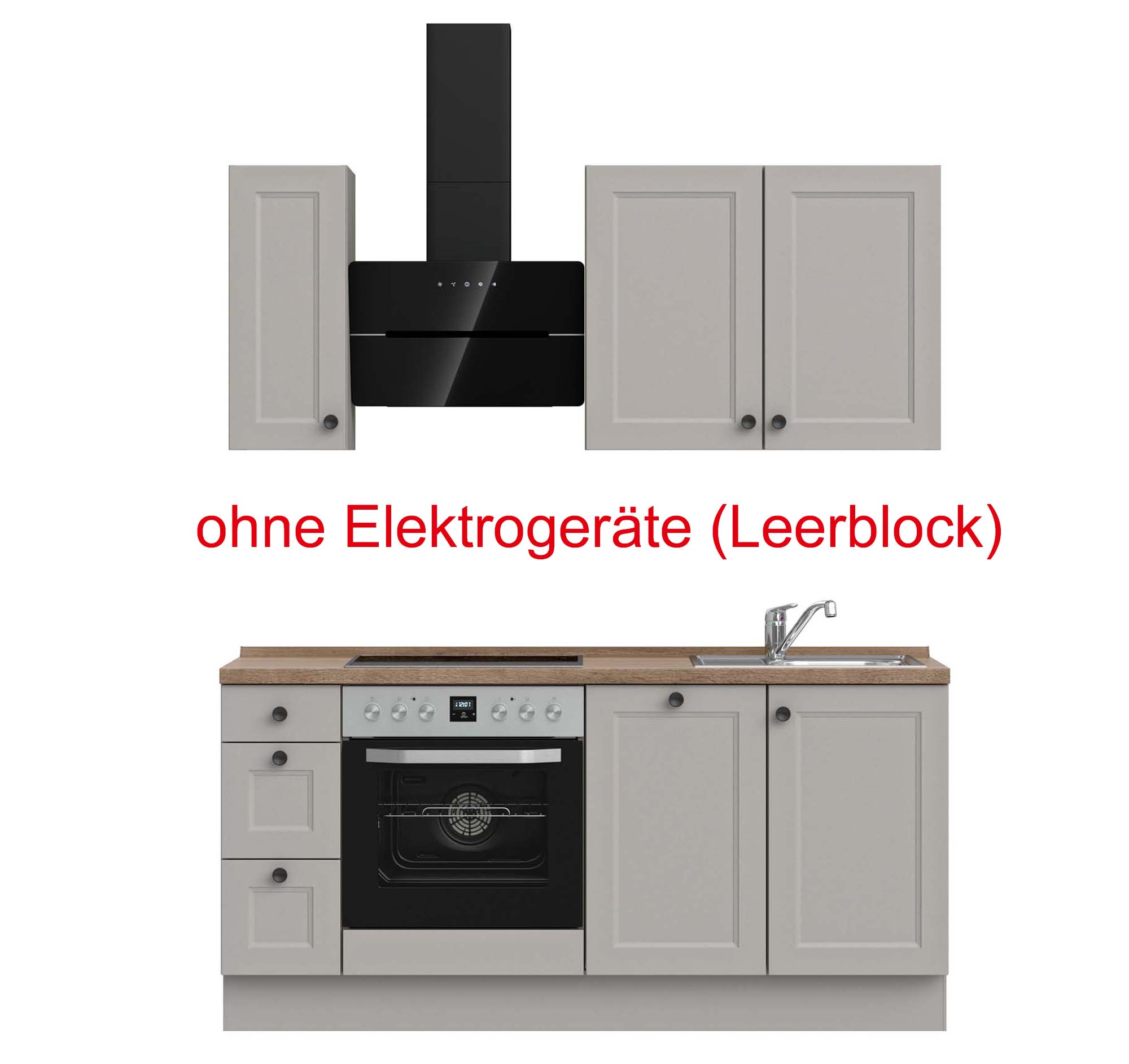 küchenzeile grau, braun mit Backofen, Herd, Dunstabzugshaube, Waschbecken, Armatur mit Hinweistext ohne Elektrogeräte (Leerblock) nobilia cascada