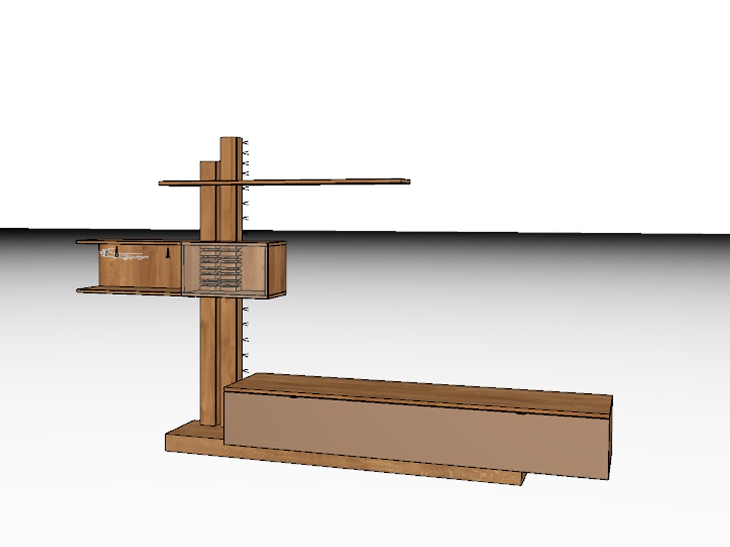 3D-Visualisierung eines modernen Holzregals mit mehreren Fachböden und Schubladen in einem minimalistischen Design.