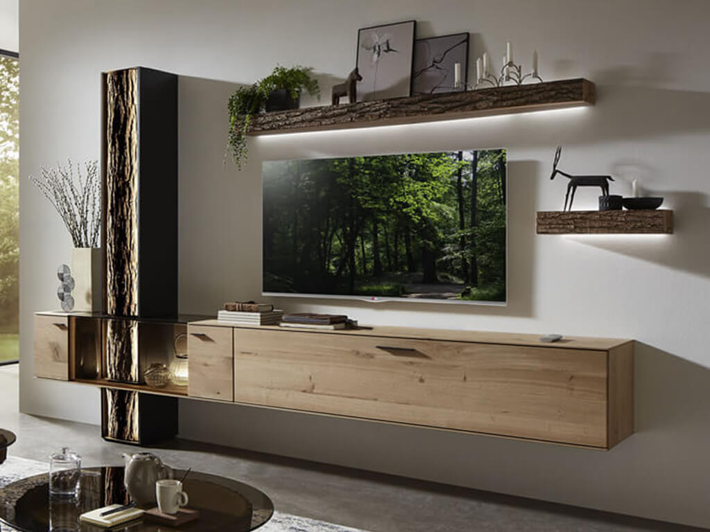 hartmann Runa - Wohnwand | Kombi Nr. 36 | B: 335 cm Massivholz Wohnwand mit Wandboard aus Holz mit Baumrinden-Akzent von hartmann Runa