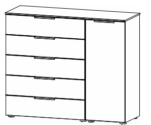 Illustration einer Kommode mit fünf Schubladen und einer Drehtür vor weißem Hintergrund