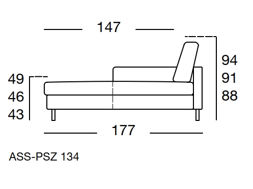 Maßzeichnung eines Sofaelement vor weißem Hintergrund freistil Rolf Benz 134
