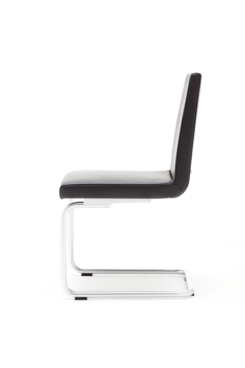 Seitenansicht eines modernen schwarzen Freischwingers mit satiniertem Metallgestell