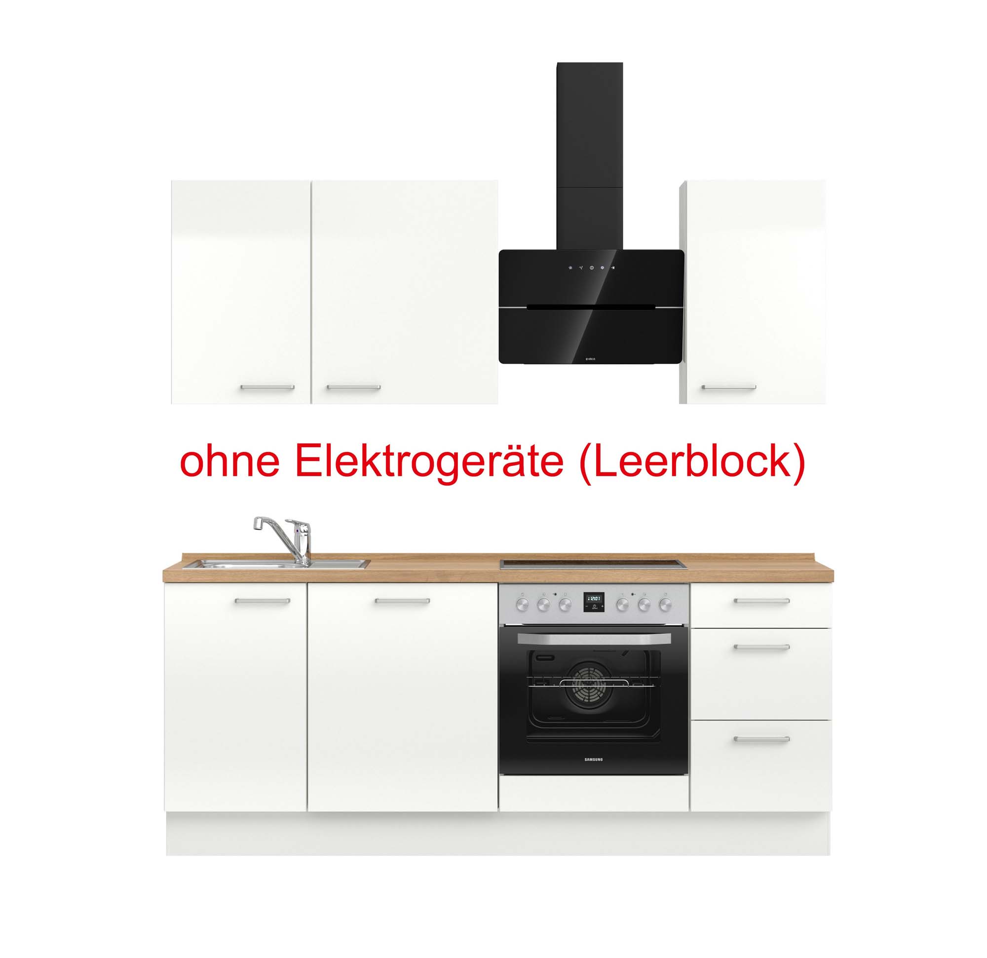 küchenzeile weiß, braun mit Backofen, Herd, Dunstabzugshaube, Waschbecken, Armatur mit Hinweistext ohne Elektrogeräte (Leerblock) nobilia flash