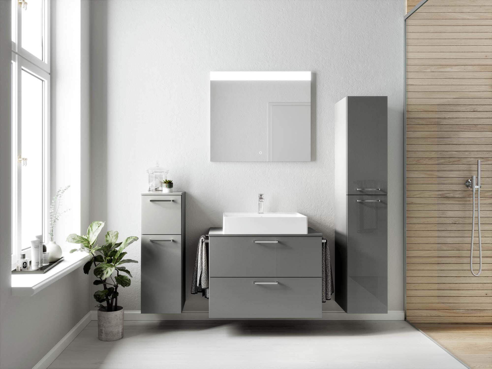 Badezimmermöbel-Set 3 Schränke grau mit Waschtisch und Spiegel nobilia 