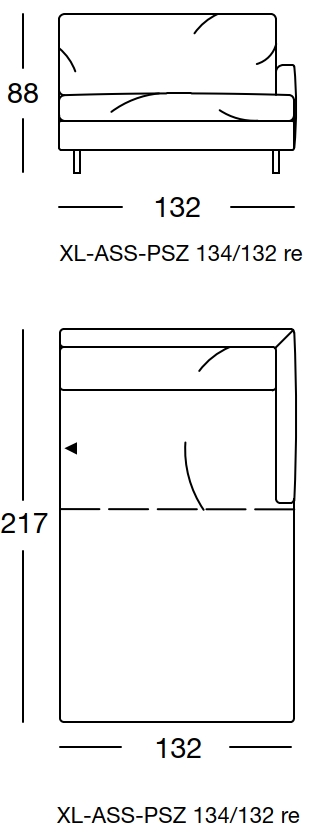 Maßzeichnung eines Sofaelement vor weißem Hintergrund freistil Rolf Benz 134
