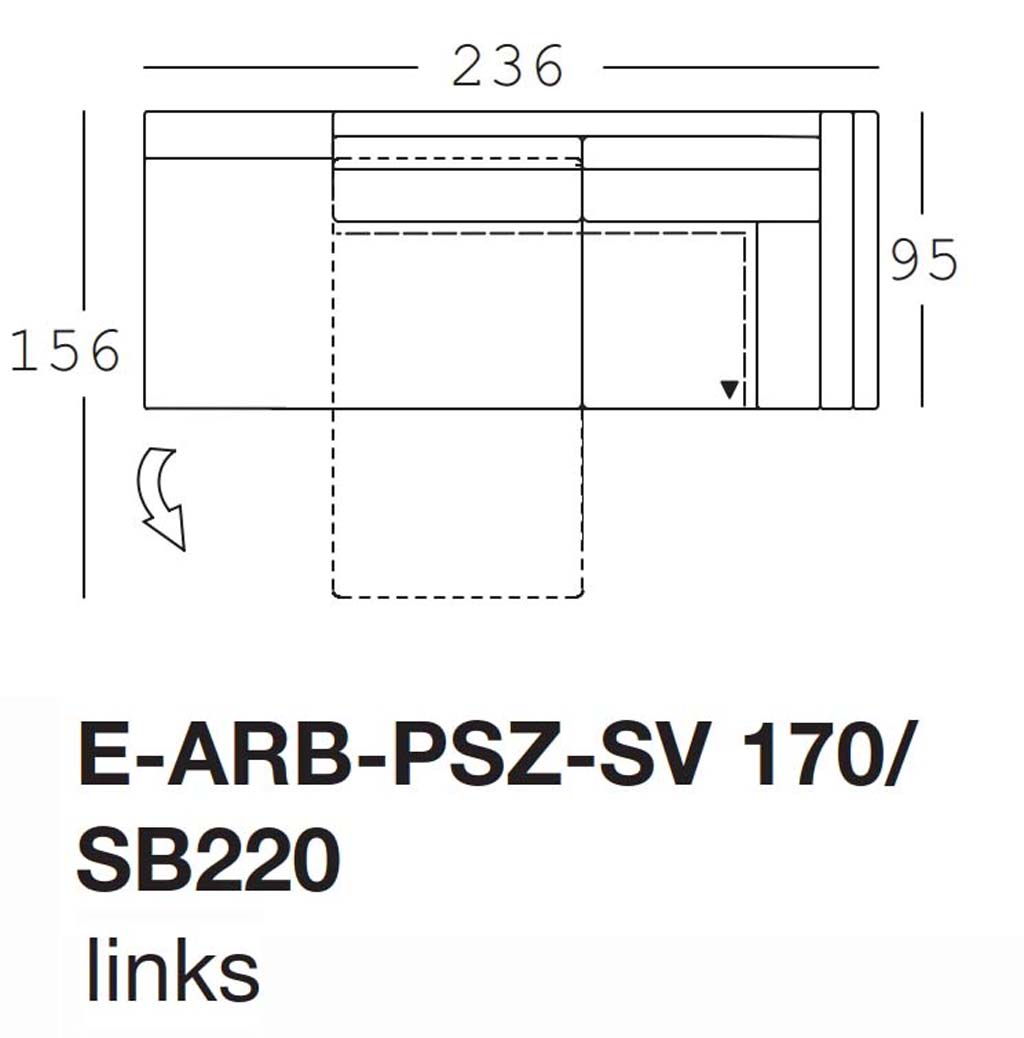 Maßzeichnung eines Sofaelements vor weißem Hintergrund freistil Rolf Benz 170