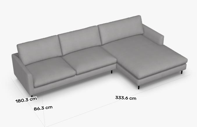 Graues Ecksofa mit Maßen: 333,6 cm Breite, 180,3 cm Tiefe und 86,3 cm Höhe