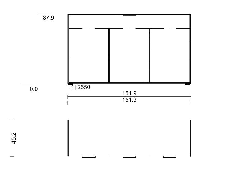 Maßzeichnung einer Kommode vor weißem Hintergrund