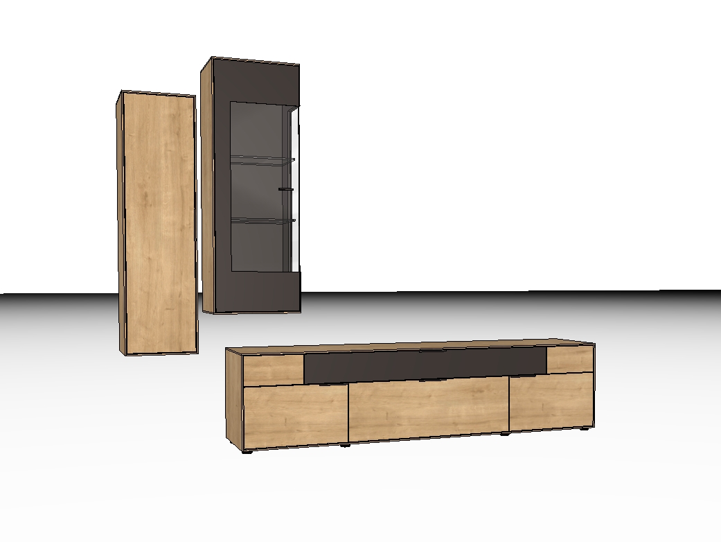 Abbildung einer modernen Wohnwand bestehend aus einem niedrigen TV-Schrank und zwei hohen Vitrinen, kombiniert aus Holz und dunklen Glaselementen, minimalistisches Design
