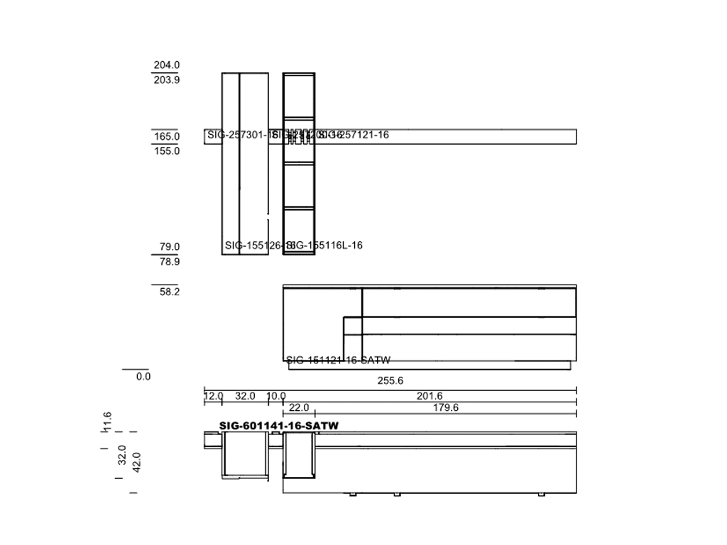 Detaillierte technische Zeichnung eines Möbelstücks mit verschiedenen Ansichten und Maßangaben.