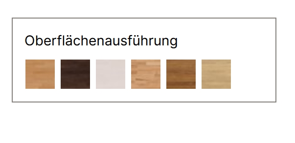 Oberflächenausführungen von sechs Holzfarben in tabellenform vor weißem hintergrund