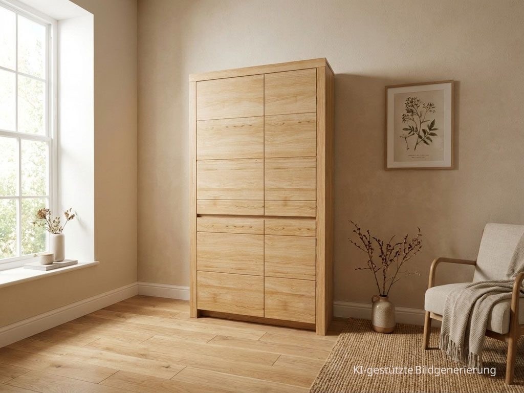 moderner brauner Holzschrank stilvoll dekoriert in einem hellen Raum, Bild KI generiert