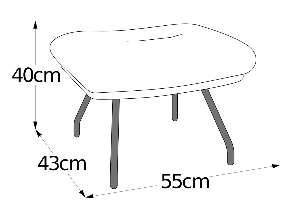 Illustration eines modernen Hockers mit den Maßen 40 cm Höhe, 43 cm Breite, 55 cm Länge