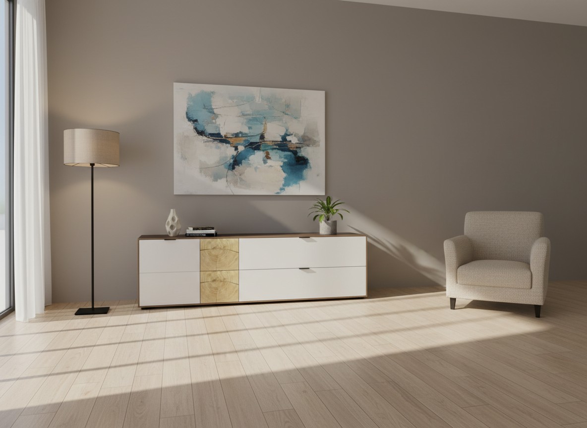 modernes weißs braunes Lowboard stilvoll dekoriert in einem hellen Zimmer