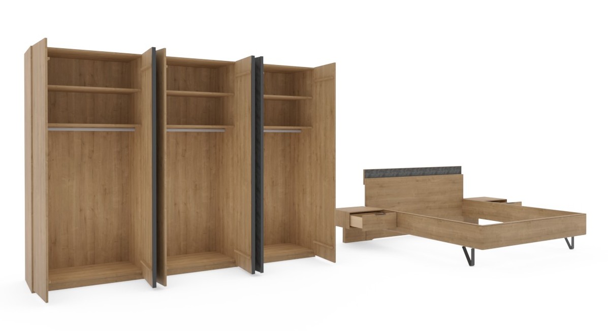 brauner geöffneter Schrank und Bett mit zwei Konsolen vor weißem Hintergrund