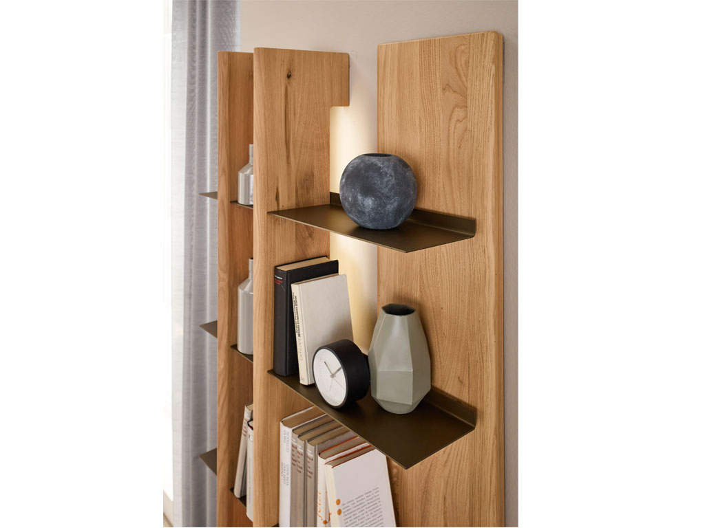 Detailaufnahme eines modernen Paneelregals aus Holz mit Metallablage und Beleuchtung stilvoll dekoriert