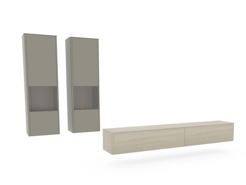Möbelset mit grauen Standschränken und einem hellen Holz-Lowboard für das Wohnzimmer
