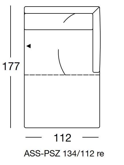 freistil Rolf Benz 134 - Abschlusssessel mit Polstersitz rechts | B: 112 cm | ASS-PSZ 134/112re Maßzeichnung eines Sofaelement vor weißem Hintergrund freistil Rolf Benz 134