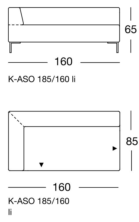 Maßzeichnung eines Sofaelements vor weißem Hintergrund freistil Rolf Benz 185