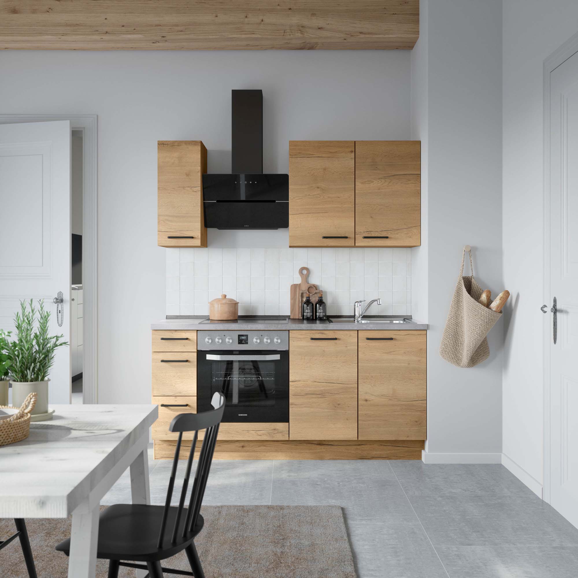 küchenzeile braun, grau mit Backofen, Herd, Dunstabzugshaube, Waschbecken, Armatur nobilia structura
