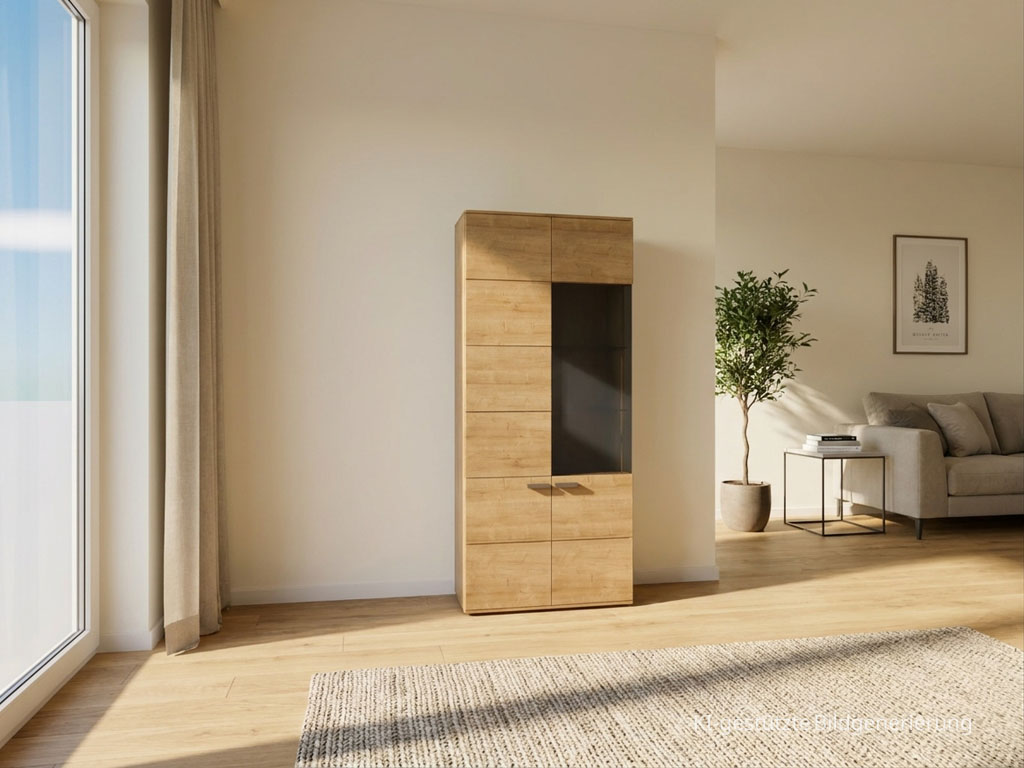 Moderner brauner Vitrinenschrank mit markanten Griffen stilvoll dekoriert in einem modernen Zimmer, Bild KI generiert