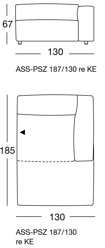 Maßzeichnung eines Sofaelements vor weißem Hintergrund freistil Rolf Benz 187
