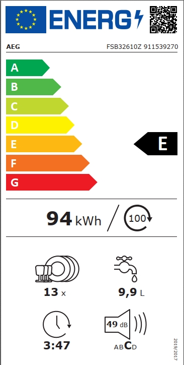 Energielabel für AEG Geschirrspüler, Energieeffizienzklasse E, 94 kWh pro 100 Zyklen, geeignet für 13 Maßgedecke, Wasserverbrauch 9,9 Liter pro Zyklus, Geräuschpegel 49 dB.