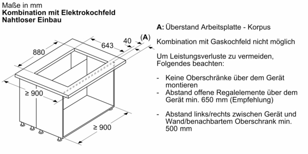 Diagramm des Einbaus eines Elektrokochfeldes mit nahtlosem Einbau, einschließlich Abstandsanforderungen in Millimetern.