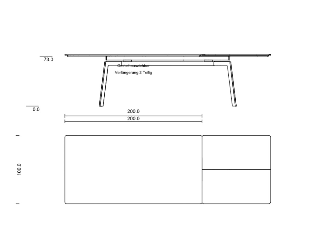 Zeichnung eines ausziehbaren Tisches mit 200 cm Länge und 100 cm Breite, Seitensicht und Draufsicht gezeigt