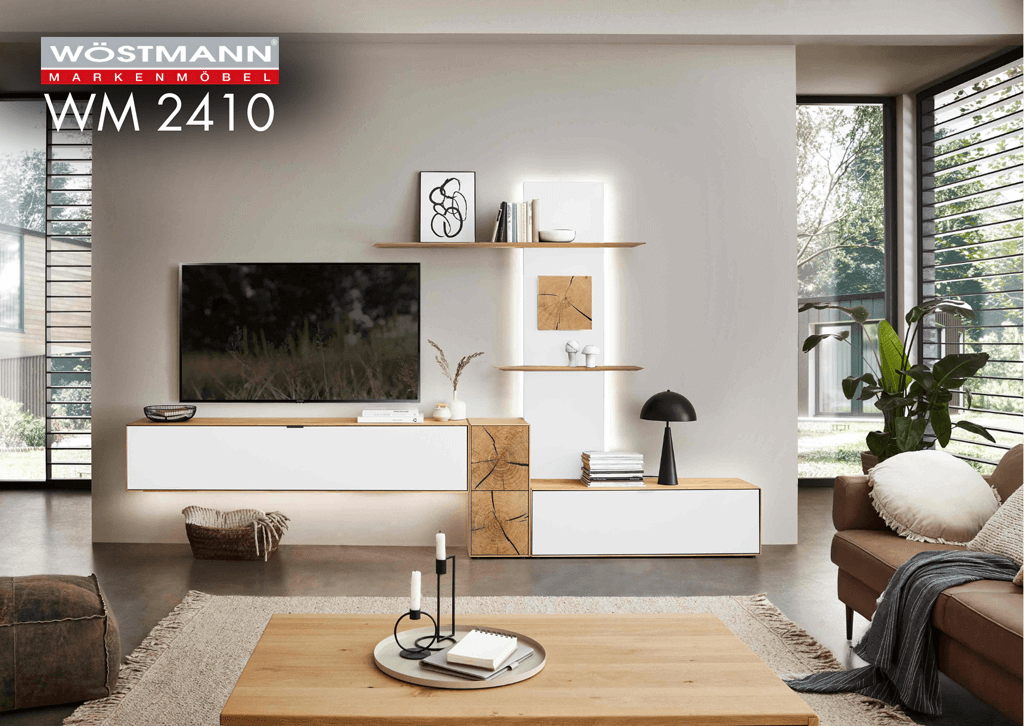 Weiße Wohnwand mit Rückwand Beleuchtung und Hirnholz Akzentenn