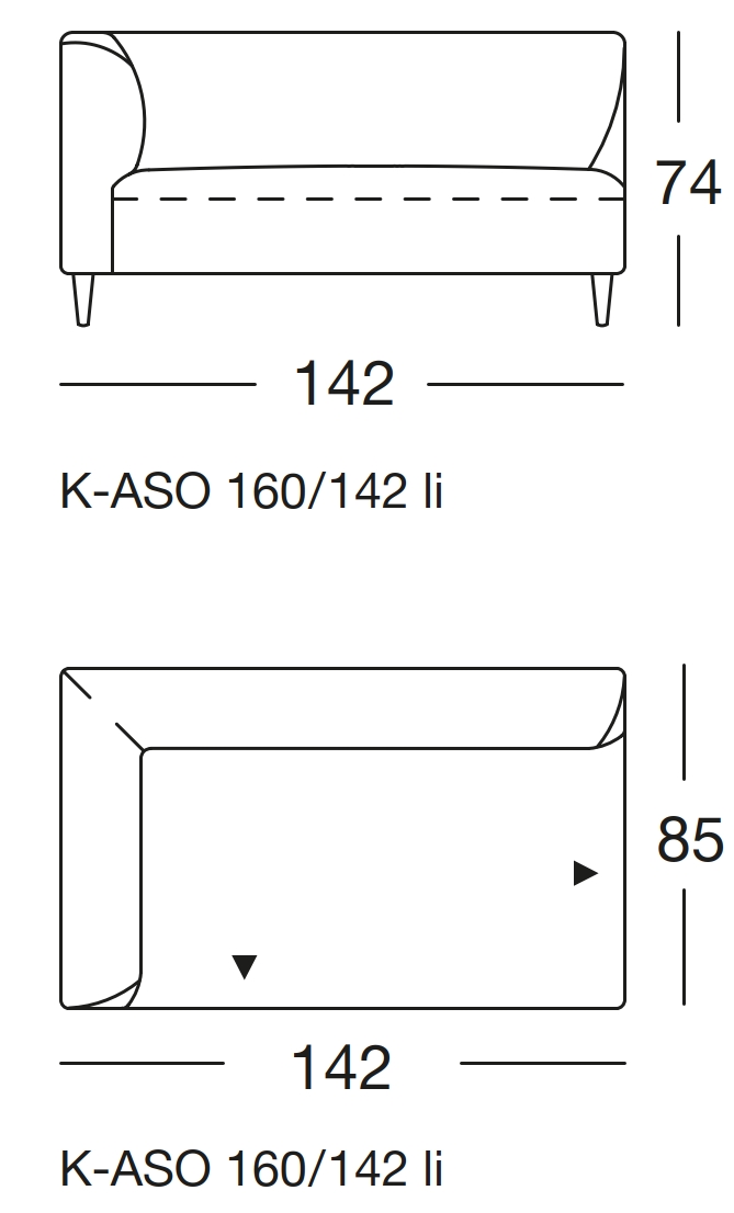 Maßzeichnung eines Sofaelements vor weißem Hintergrund freistil Rolf Benz 160