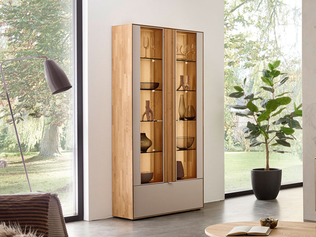 großer doppeltüriger Vitrinenschrank mit Beleuchtung in braun-weiß stilvoll dekoriert in einem modernen, hellen Raum