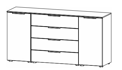 Illustration einer Kommode mit zwei Türen und vier Schubladen vor weißem Hintergrund