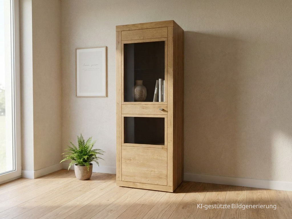 moderne braune Vitrine stilvoll dekoriert in einem hellen Raum, Bild KI generiert