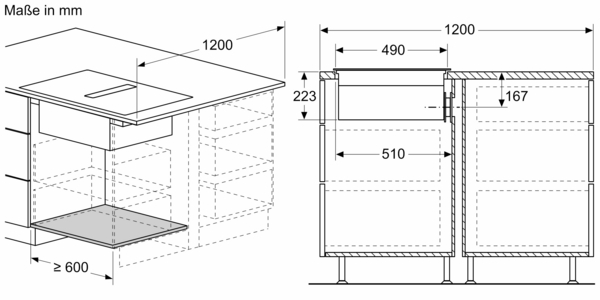 Diagramm eines Küchenunterschranks mit detaillierten Maßen in Millimetern