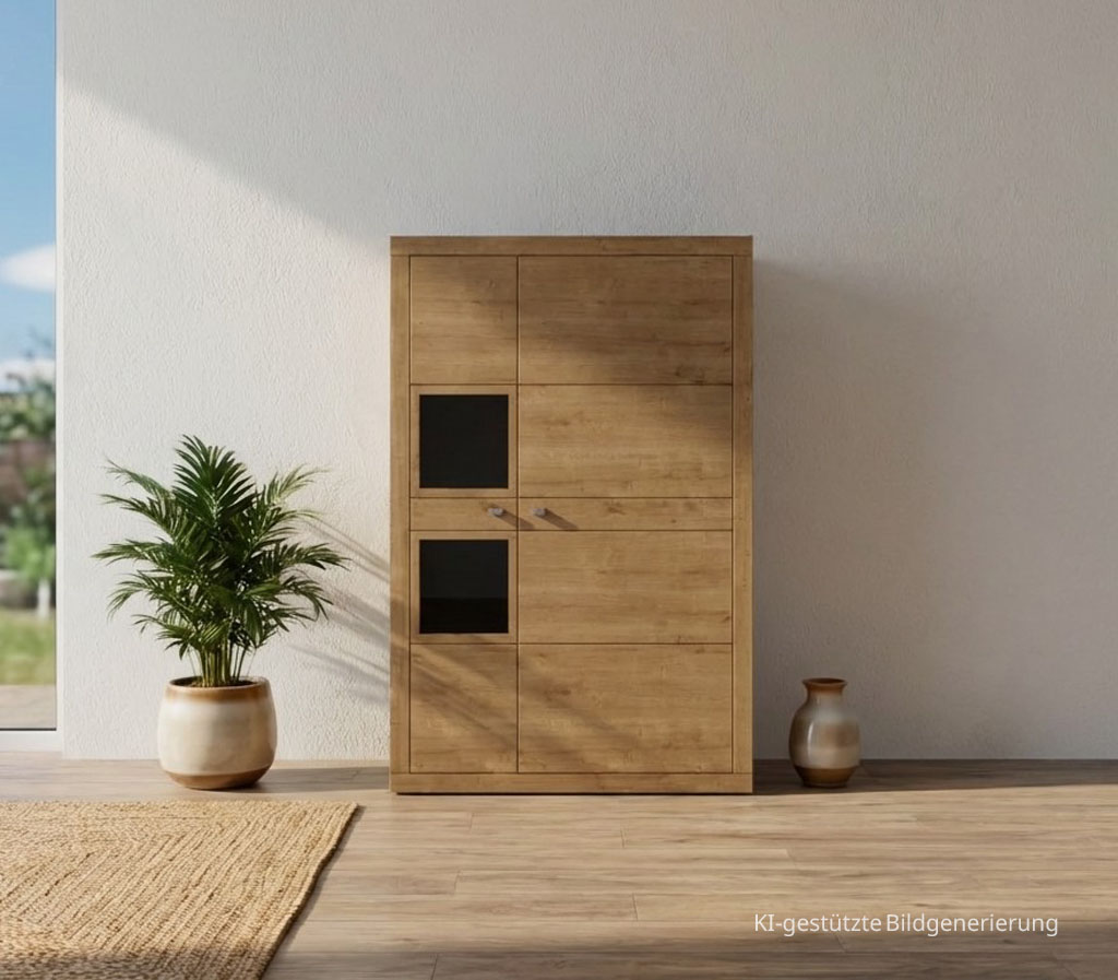 moderner brauner Schrank stilvoll dekoriert in einem hellen Raum, Bild KI generiert