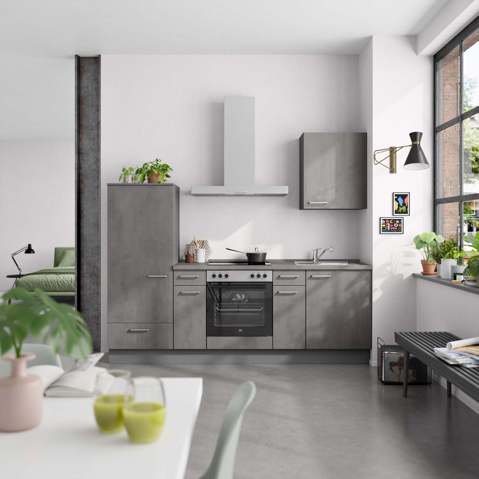 küchenzeile grau mit Backofen, Herd, Dunstabzugshaube, Waschbecken, Armatur nobilia riva