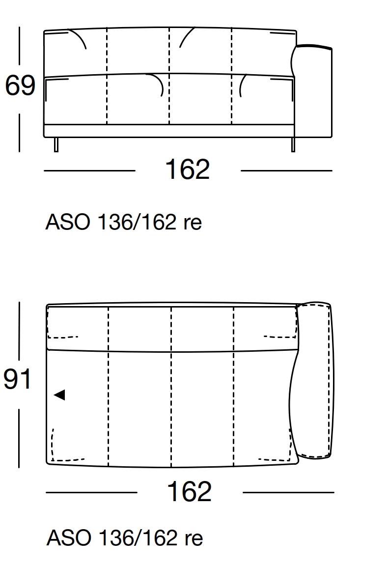 Maßzeichnung eines Sofaelements vor weißem Hintergrund freistil Rolf Benz 136