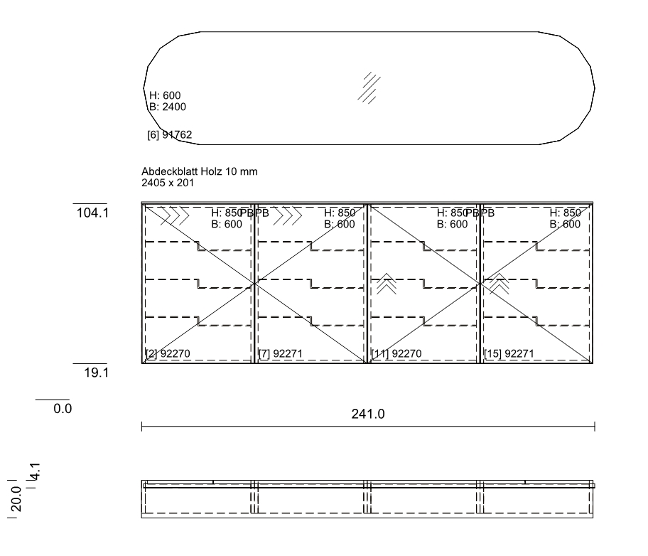 Diagramm eines Holzabdeckblattes, Maße: Höhe 600 mm, Breite 2400 mm, Abdeckblatt Holz 10 mm mit detaillierten Strukturangaben und Positionen.